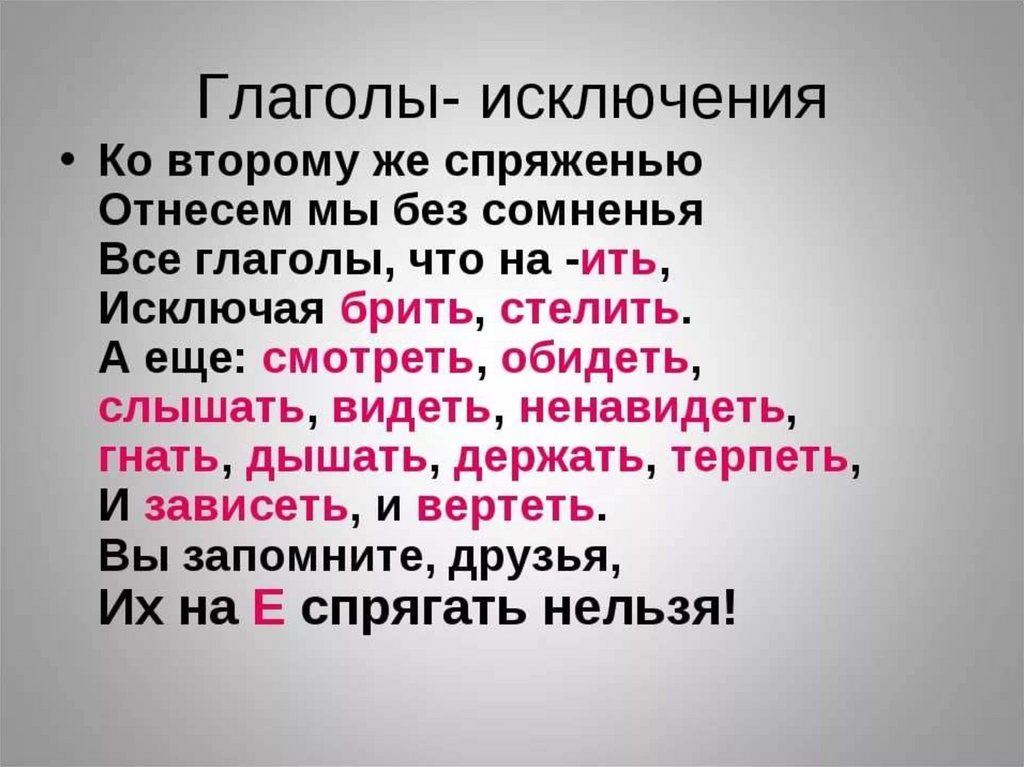 Правописание глаголов исключений 4 класс презентация