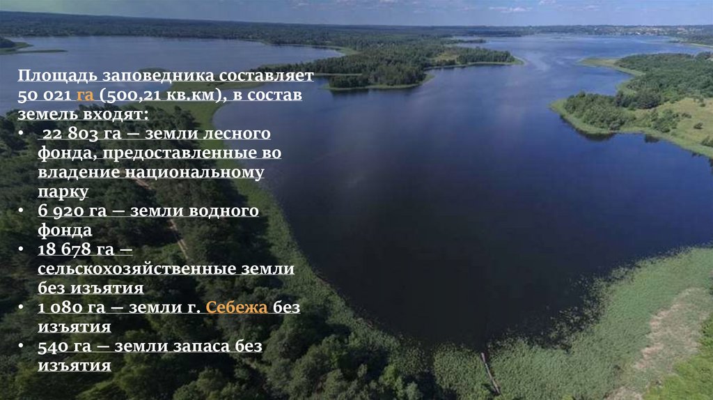 Площадь заповедника составляет 50 021 га (500,21 кв.км), в состав земель входят:  22 803 га — земли лесного фонда,