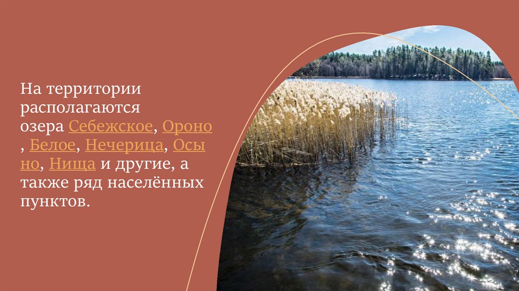 На территории располагаются озера Себежское, Ороно, Белое, Нечерица, Осыно, Нища и другие, а также ряд населённых пунктов.