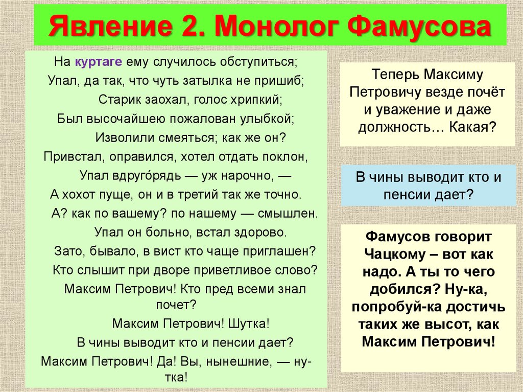 Монолог фамусова действие 2 явление 1 анализ