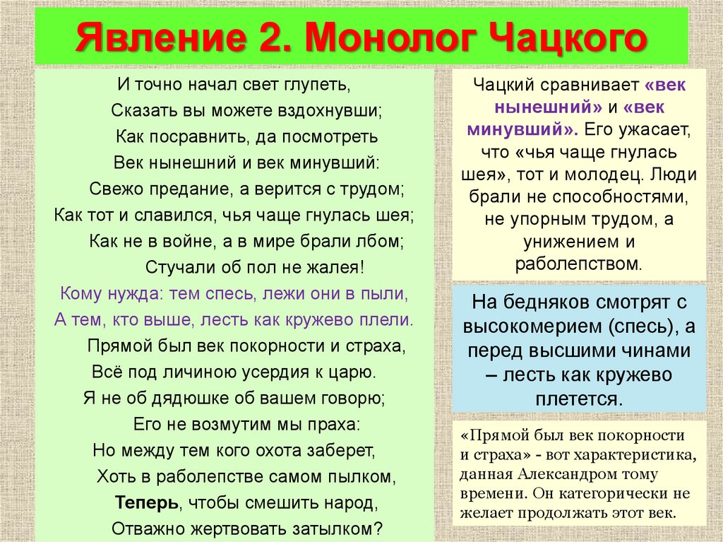 О чем монолог чацкого а судьи кто