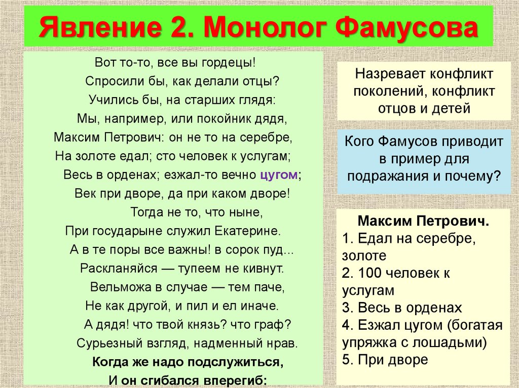 Фамусов монолог петрушка вечно. 2 Монолога Фамусова. Горе от ума 2 действие 1 явление монолог.