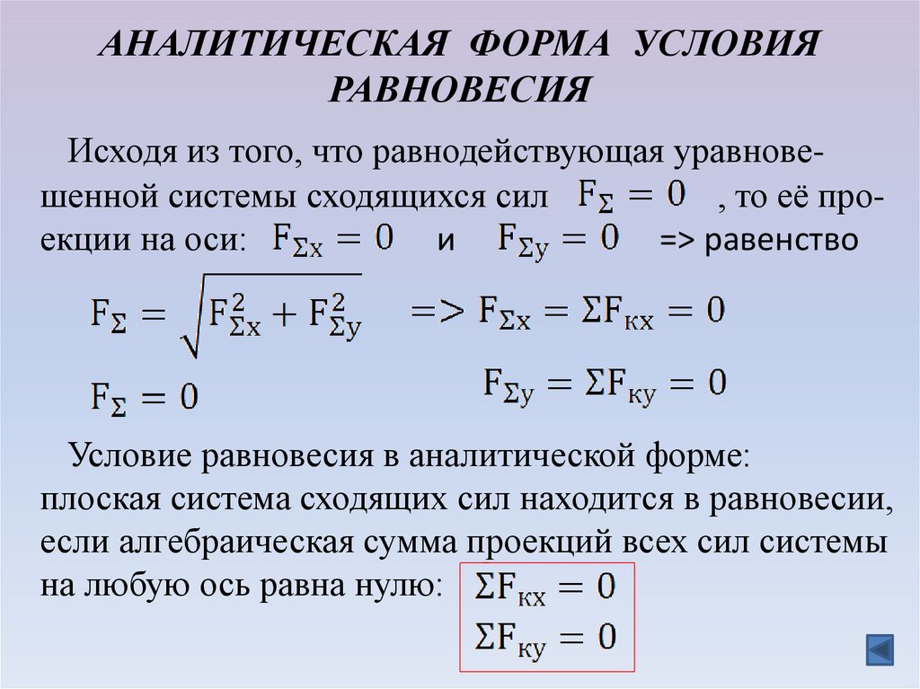 Условие равновесия системы сходящихся сил. Аналитическая форма. Формы условия равновесия. Аналитическое условие равновесия плоской системы сходящихся сил.