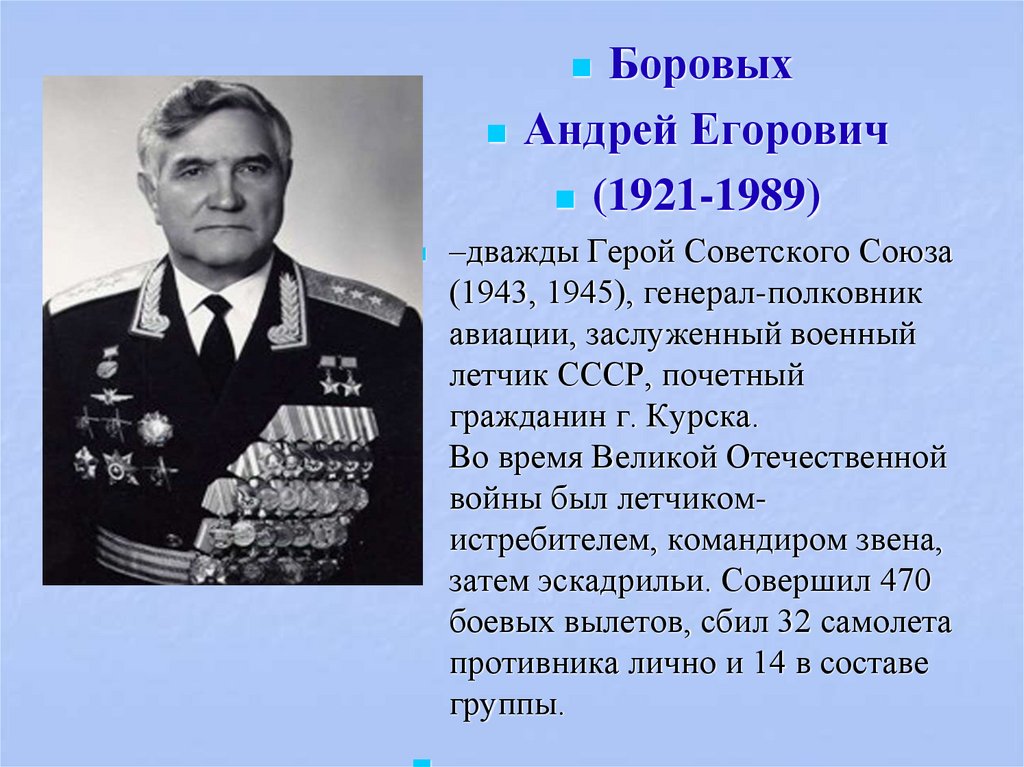 Сообщение про знаменитого человека. Боровых летчик дважды герой советского Союза.