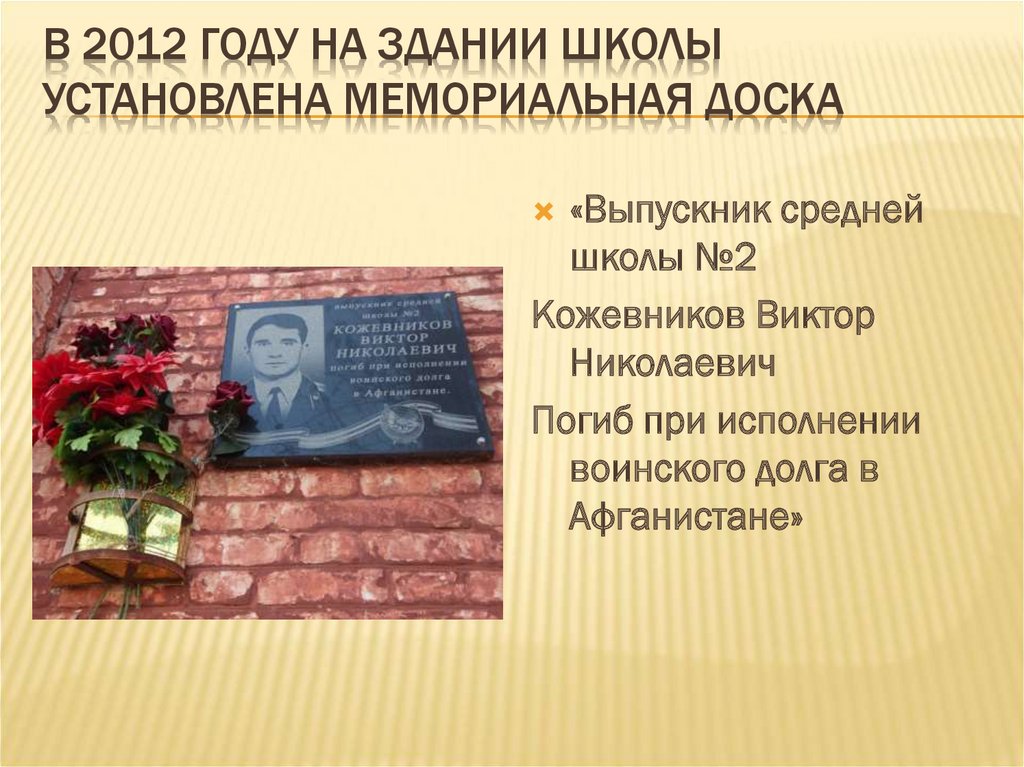 В 2012 году на здании школы установлена мемориальная доска