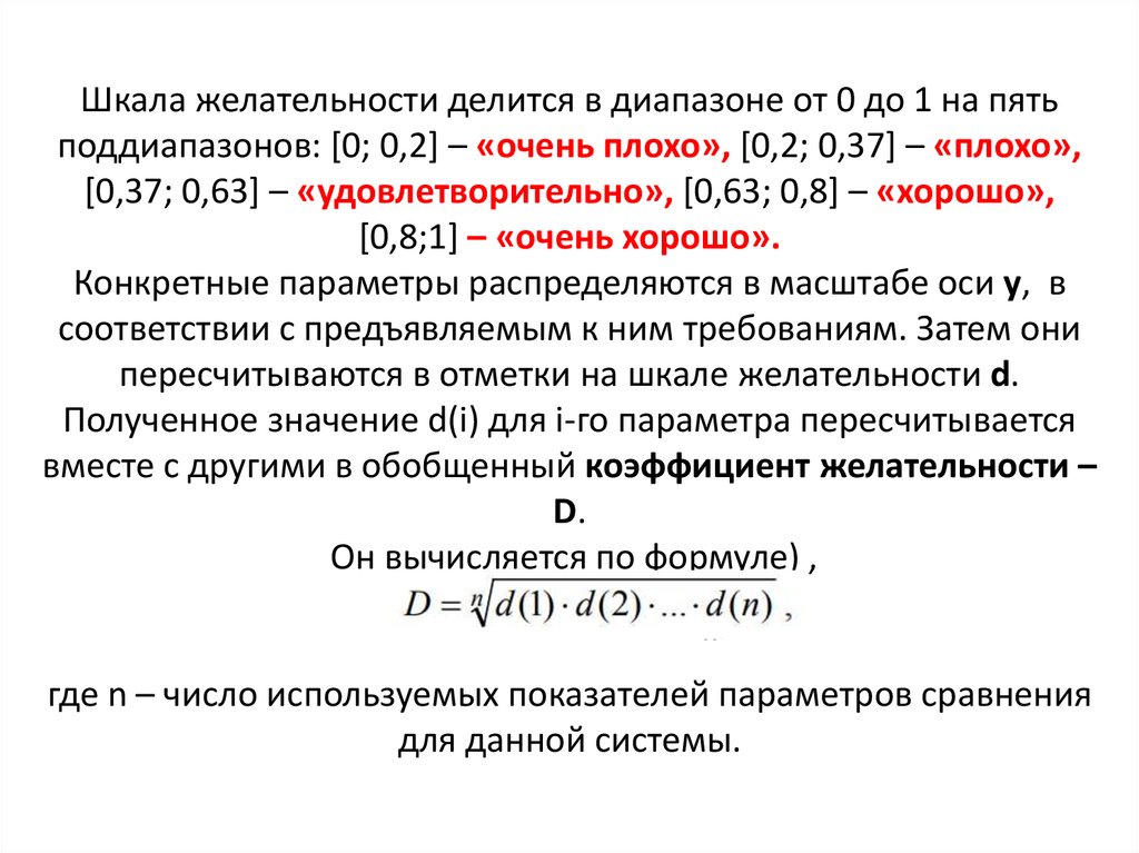 Шкала желательности делится в диапазоне от 0 до 1 на пять поддиапазонов: [0; 0,2] – «очень плохо», [0,2; 0,37] – «плохо»,