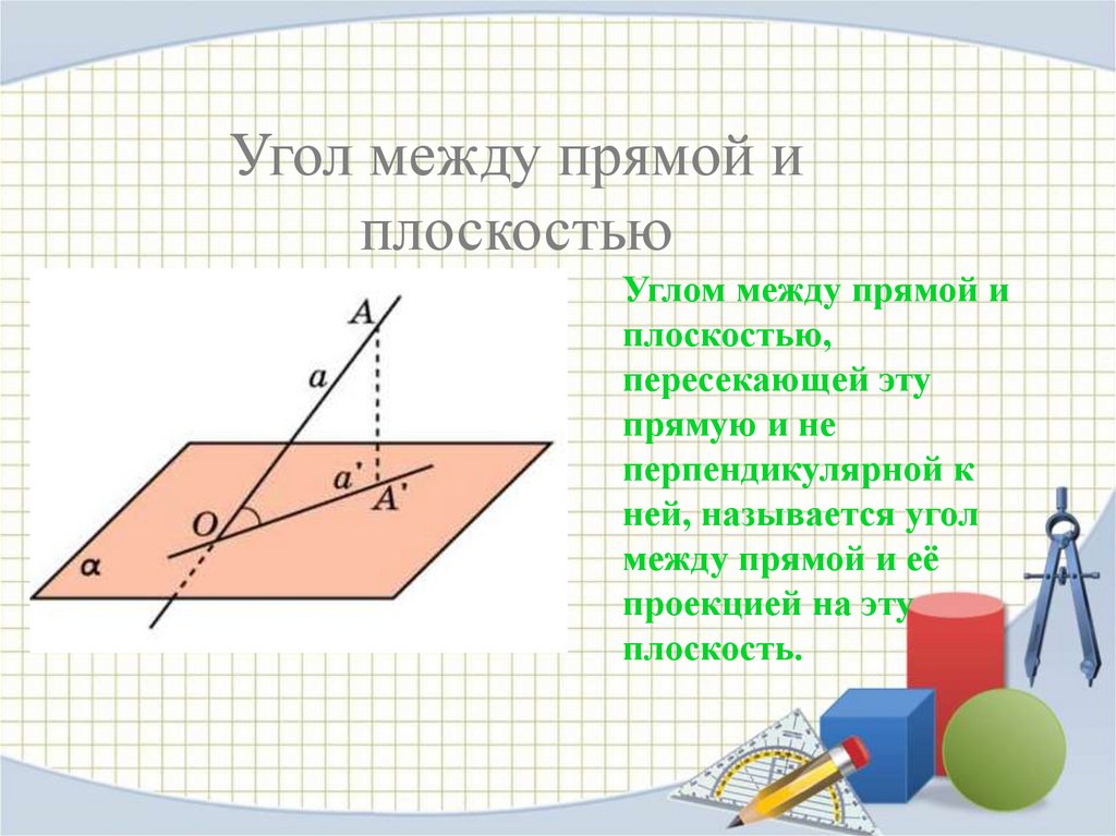 3 угол между прямой и плоскостью. Угол между прямой и наклонной. Угол между прямой и плоскостью пересекающей эту прямую. Перпендикуляр и Наклонная угол между прямой и плоскостью. Угол между наклонной и плоскостью.