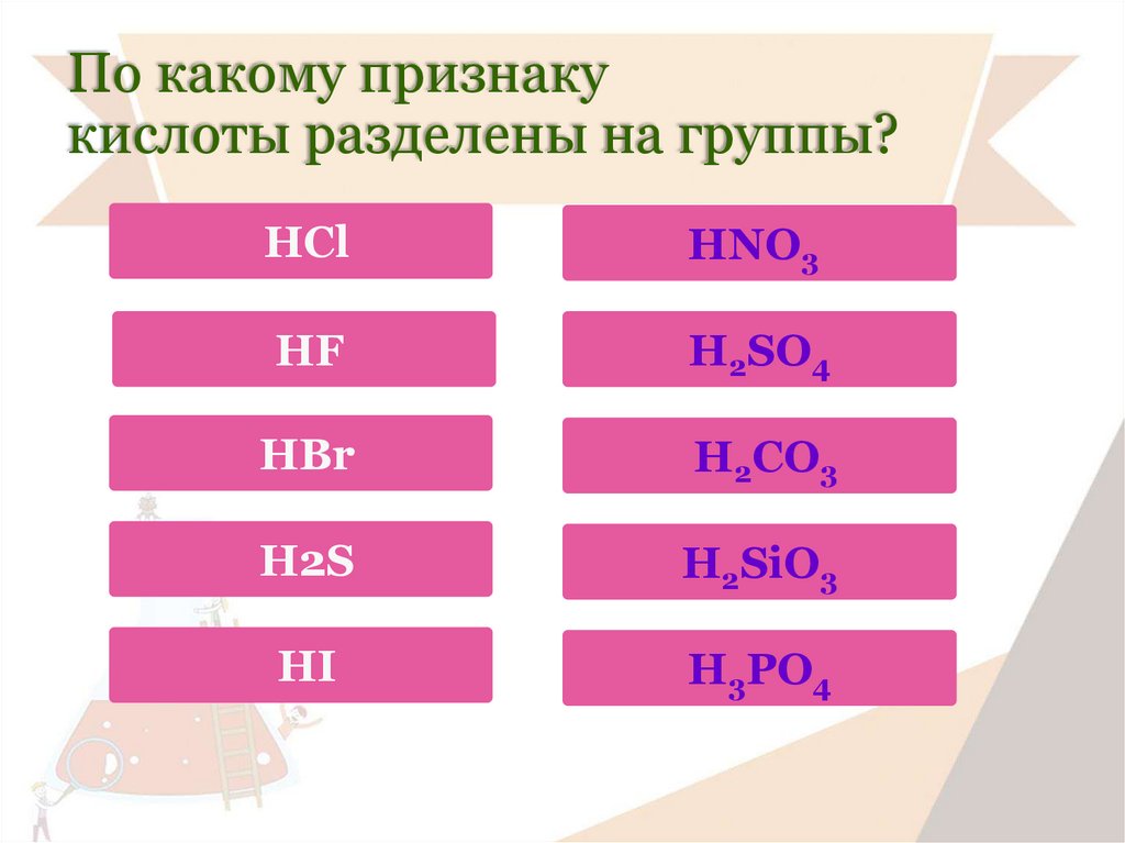 Признаки кислот. По какому признаку кислоты разделены на группы. На какие группы делятся кислоты в химии. Разделение кислот.