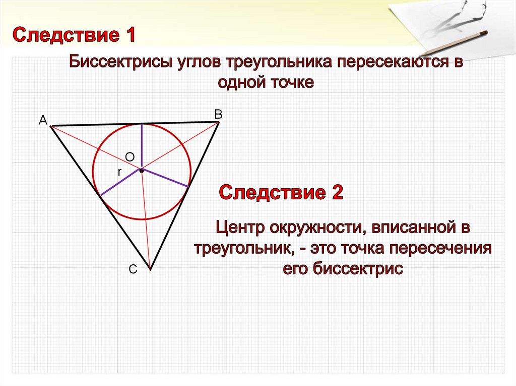 Центр вписанной окружности является точка. Вписанная окружность биссектрисы. Центр вписанной окружности треугольника. Центр окружности вписанрой в треуг. Биссектриса и центр вписанной окружности.