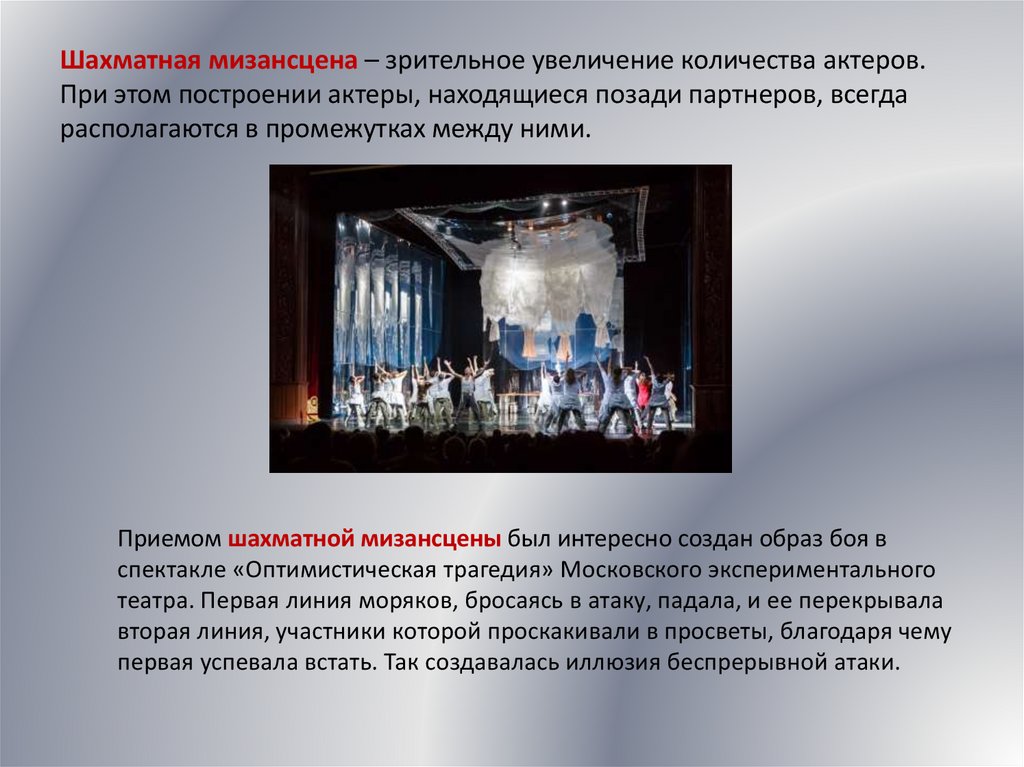 Шахматная мизансцена – зрительное увеличение количества актеров. При этом построении актеры, находящиеся позади партнеров,