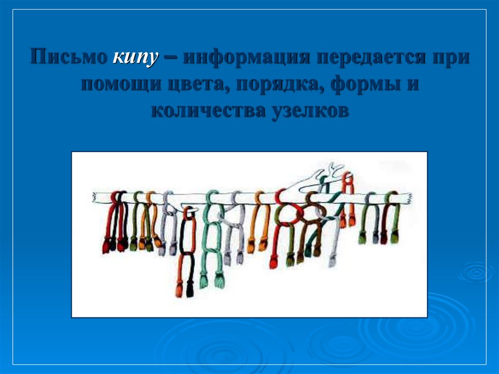 Письмо кипу – информация передается при помощи цвета, порядка, формы и количества узелков