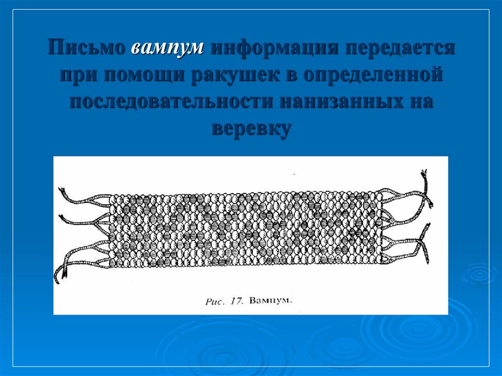 Письмо вампум информация передается при помощи ракушек в определенной последовательности нанизанных на веревку