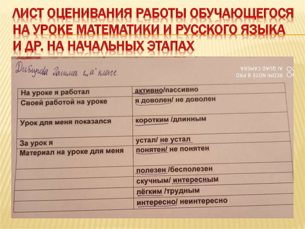 Лист оценивания работы обучающегося на уроке математики и русского языка и др. на начальных этапах