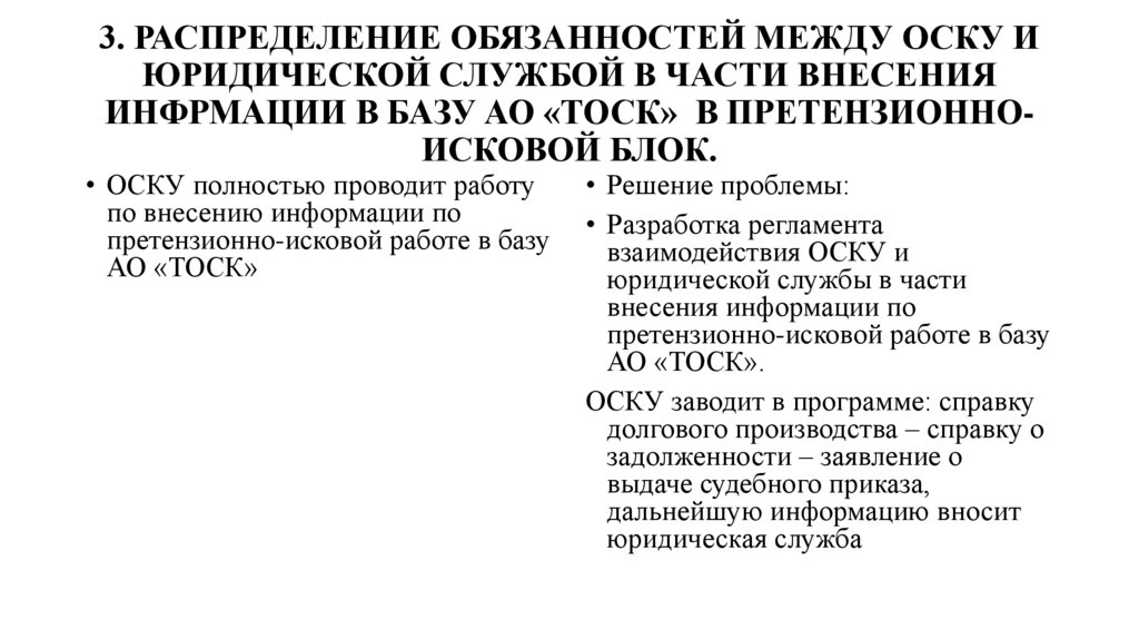 3. РАСПРЕДЕЛЕНИЕ ОБЯЗАННОСТЕЙ МЕЖДУ ОСКУ И ЮРИДИЧЕСКОЙ СЛУЖБОЙ В ЧАСТИ ВНЕСЕНИЯ ИНФРМАЦИИ В БАЗУ АО «ТОСК» В
