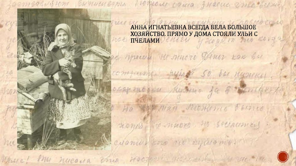 Анна Игнатьевна всегда вела большое хозяйство. Прямо у дома стояли ульи с пчелами