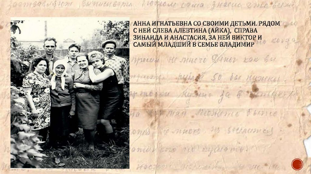 Анна Игнатьевна со своими детьми. Рядом с ней слева Алевтина (Айка), справа Зинаида и Анастасия, за ней Виктор и самый младший