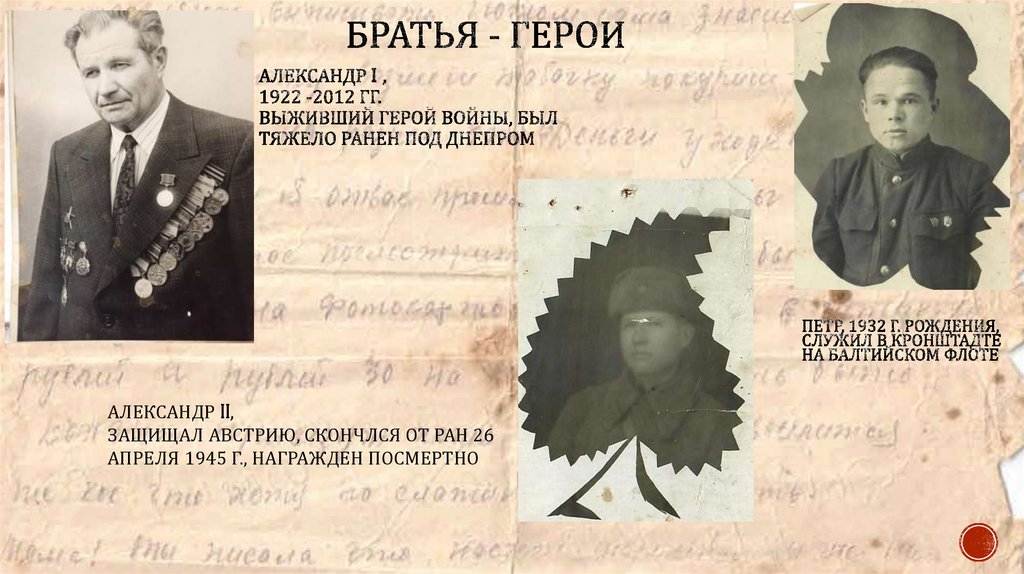 Александр I , 1922 -2012 гг. Выживший герой войны, был тяжело Ранен под Днепром