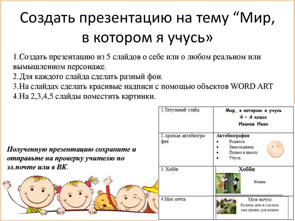 Создать презентацию на тему “Мир, в котором я учусь»