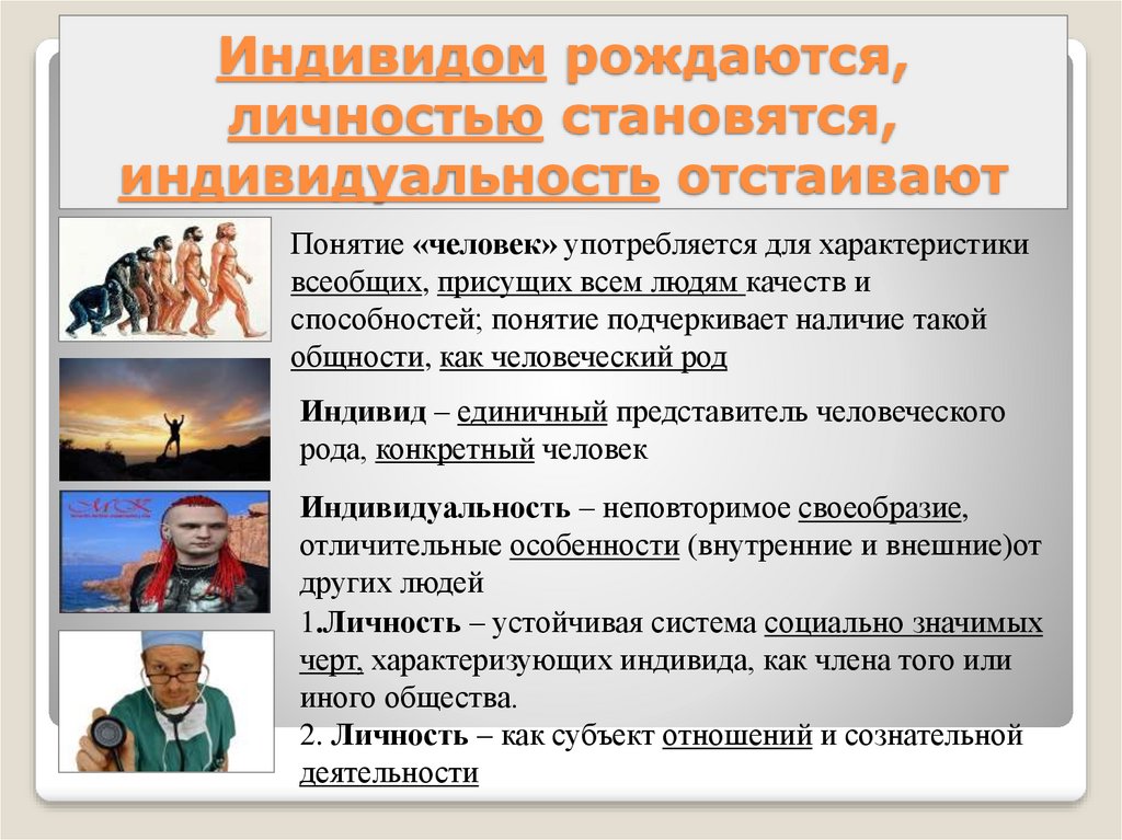 Человек становится человеком в обществе. Индивидом рождаются личностью становятся. Индивидами рождаются личностью становятся индивидуальность. Индивид индивидуальность отстаивают личностью становятся. Человек рождается индивидом а личностью становится.