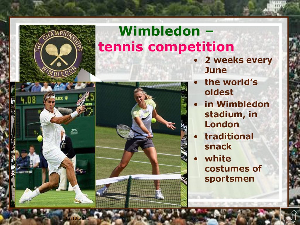 Английский sporting 8 класс. Спортивные мероприятия на английском языке. Wimbledon теннис презентация. Sport events презентация. Wimbledon Stadium in London.