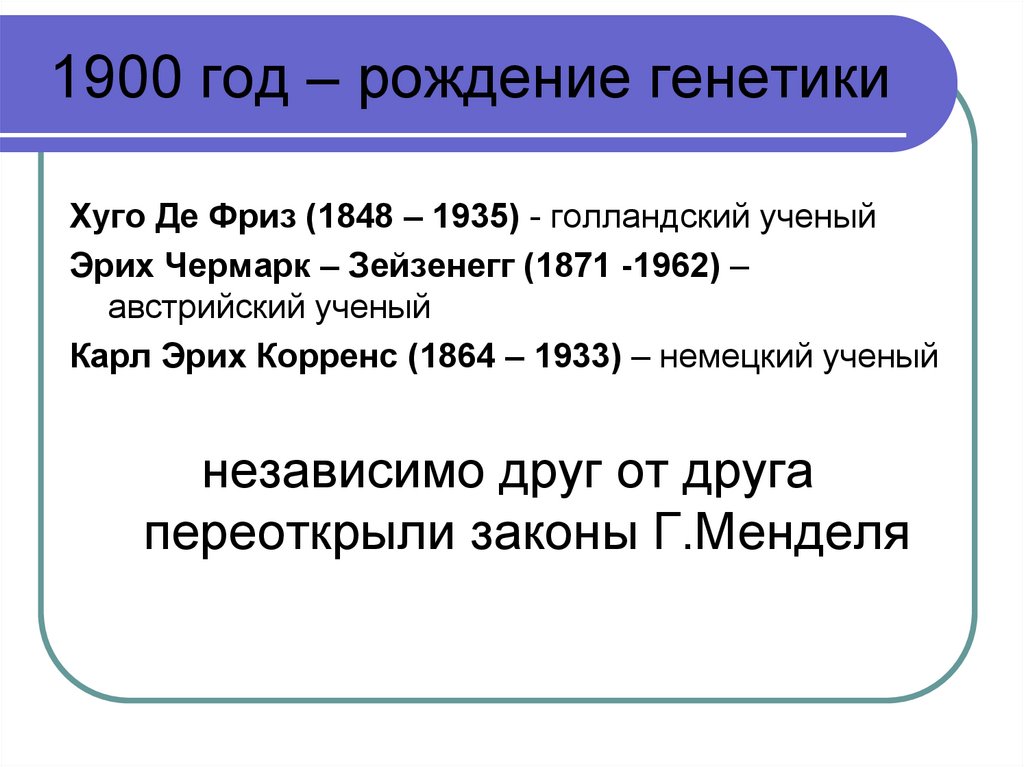 Год рождения генетики. 1900 Рождение генетики.