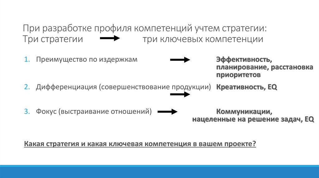 При разработке профиля компетенций учтем стратегии: Три стратегии три ключевых компетенции