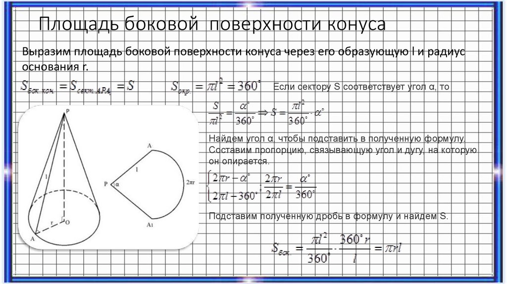 Площадь боковой поверхности конуса радиус. Площадь поверхности конуса через образующую. Площадь поверхности конуса через угол. Площадь боковой поверхности конуса через площадь основания. Площадь боковой поверхности конуса через радиус.