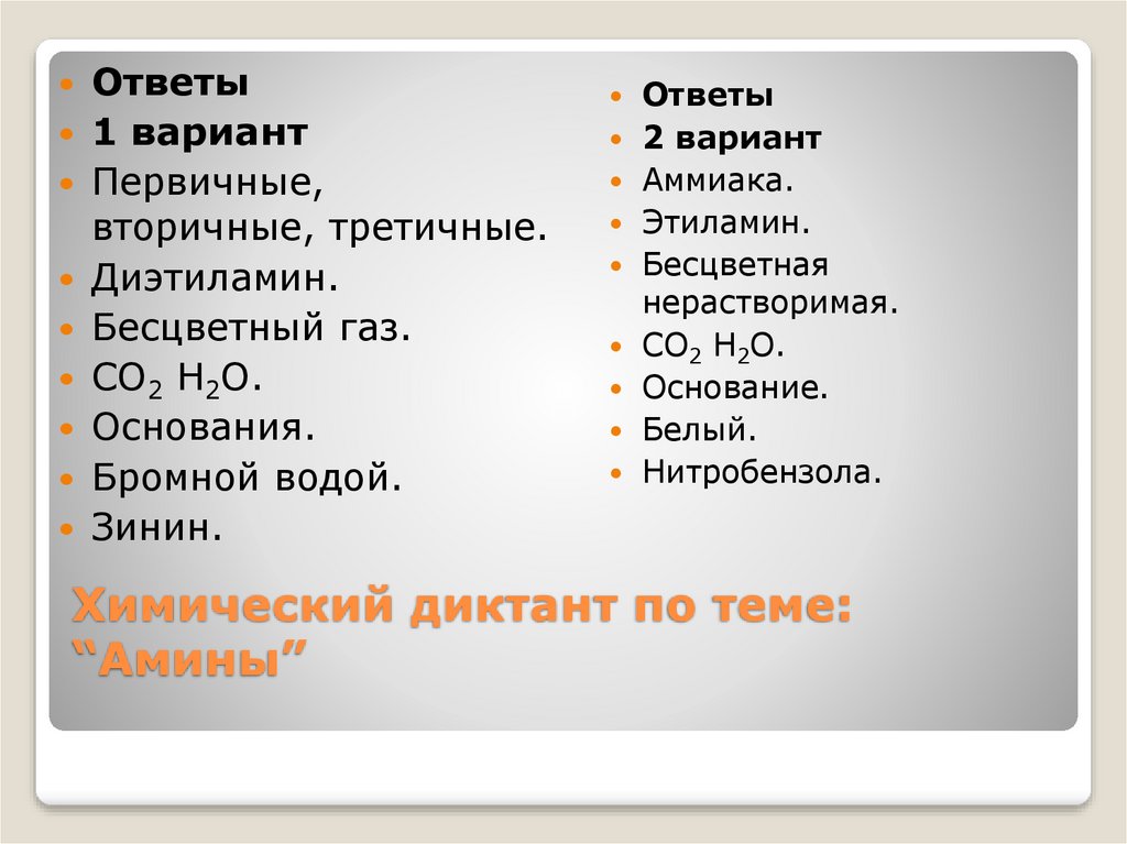 Химический диктант по теме: “Амины”