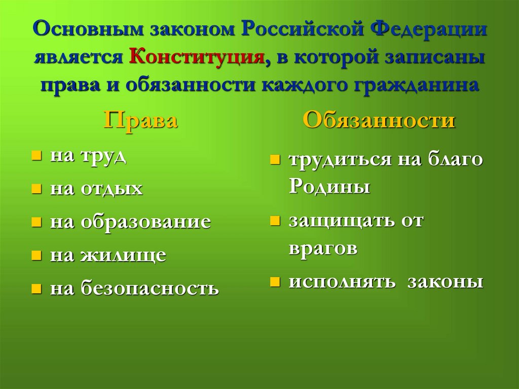 Основным законом Российской Федерации является Конституция, в которой записаны права и обязанности каждого гражданина