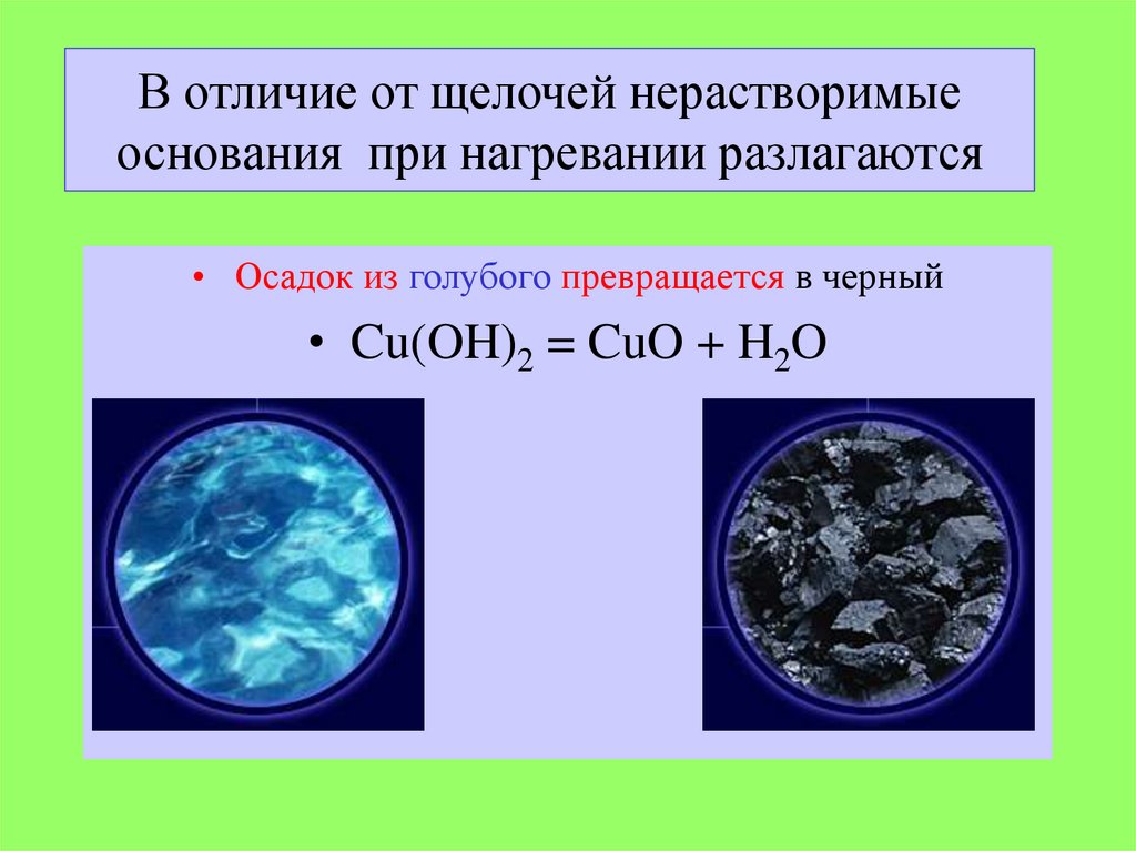 В отличие от щелочей нерастворимые основания при нагревании разлагаются