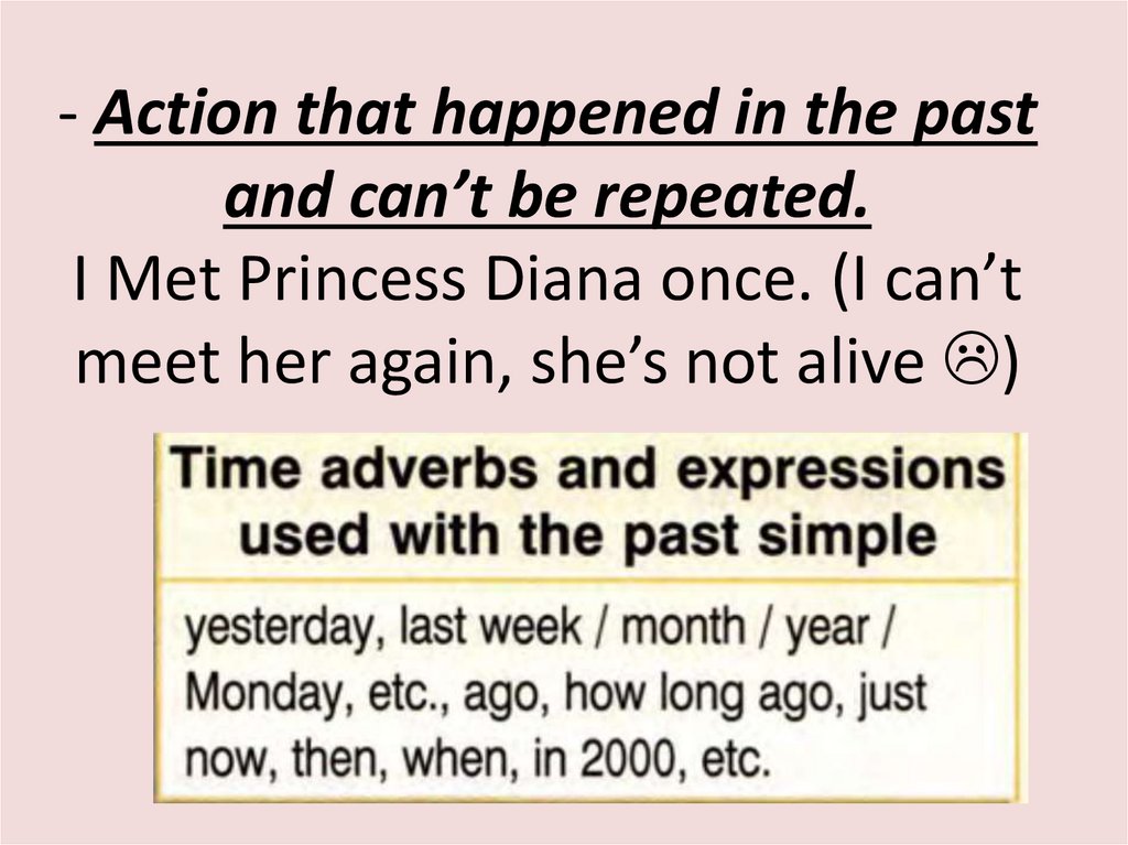 - Action that happened in the past and can’t be repeated. I Met Princess Diana once. (I can’t meet her again, she’s not alive