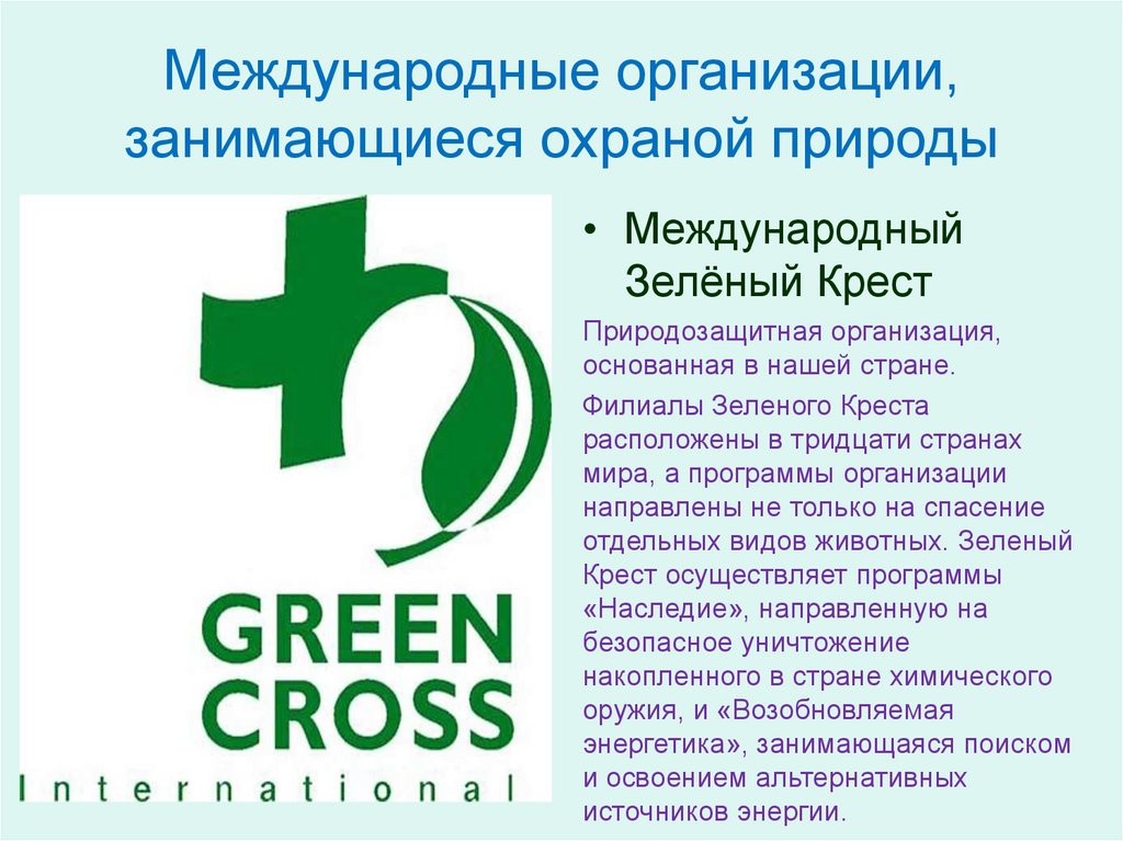 Международные природные организаций. Международная экологическая организация в России зеленый крест. Еждународный зелёный крест. Организации по защите природы зеленый крест. Организации по охране природы.