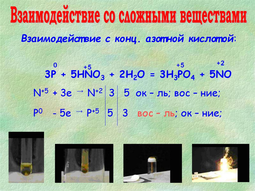 Реакция взаимодействия фосфорной кислоты с кальцием. Взаимодействие фосфора с галогенами. Взаимодействие фосфора с серой. Взаимодействие с конц азотной кислотой. Взаимодействие фосфора с хлором.