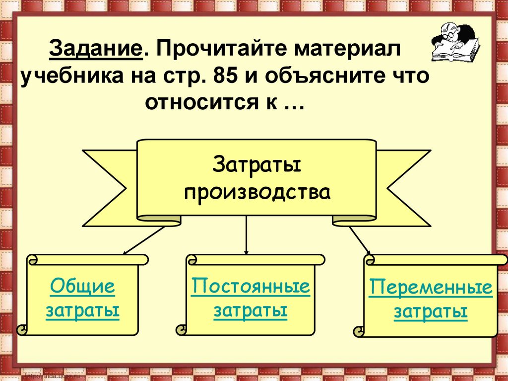 Схема общие затраты. Укажи не менее 3 примеров затрат производства.