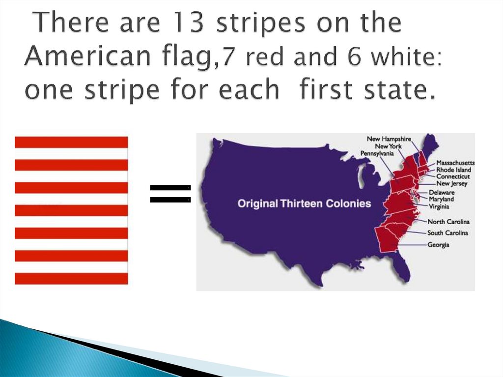  There are 13 stripes on the American flag,7 red and 6 white: one stripe for each first state.