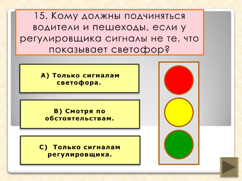 15. Кому должны подчиняться водители и пешеходы, если у регулировщика сигналы не те, что показывает светофор?