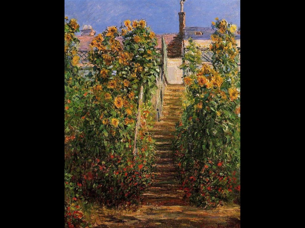 Она картина клода. Клод Моне сад художника в ветёе. Клод Моне лестница в ветёе. Клод Моне домик садовника. Арки в саду Клод Моне.