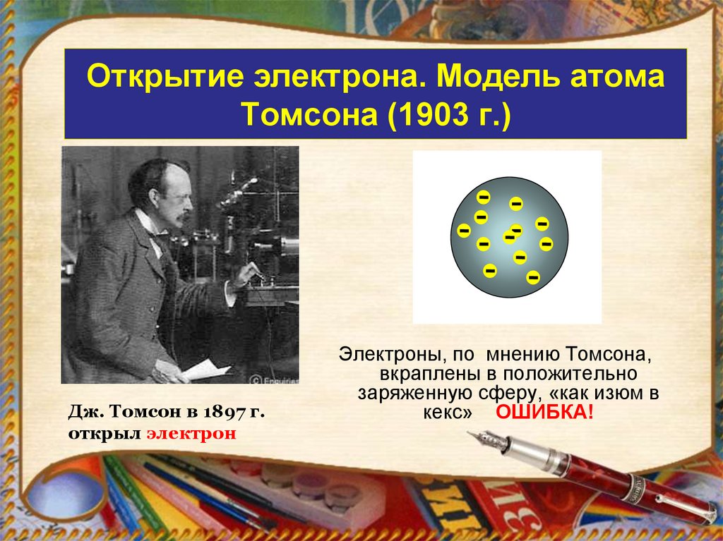 Тема открытие новой темы. Модель атома Томсона 1903. Открытие электрона. Открытие электрона Томсоном. Открытие электрона модель Томсона.