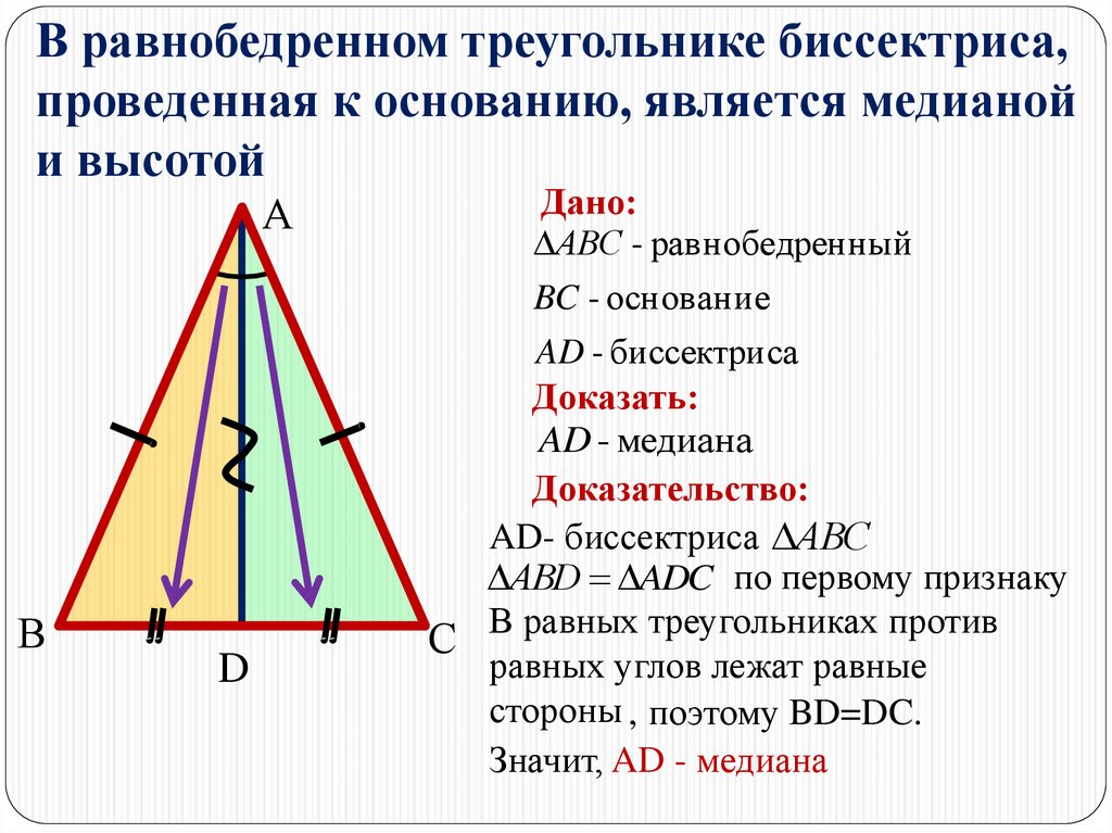 Ам биссектриса прямого равнобедренного треугольника. Свойство Медианы равнобедренного треугольника 7 класс. Свойства медиан и биссектрис равнобедренного треугольника. Признаки Медианы в равнобедренном треугольнике. Равнобедренном треугольнике биссектриса является медианой и высотой.