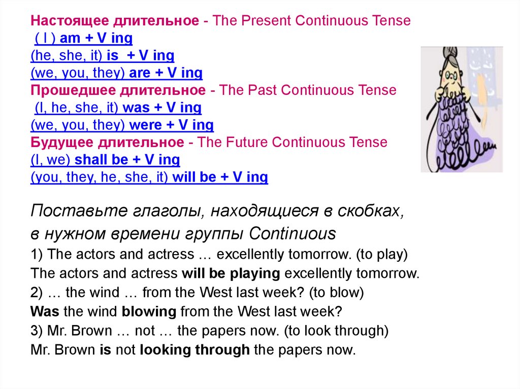 Настоящее длительное - The Present Continuous Tense ( I ) am + V ing (he, she, it) is + V ing (we, you, they) are + V ing