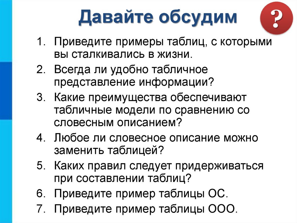 Табличное представление информации. Приведите примеры таблиц с которыми вы сталкивались в жизни. Всегда ли удобно табличное представление информации. Какие преимущества обеспечивает табличное представление информации. Какие преимущества обеспечивают представления информации таблица.