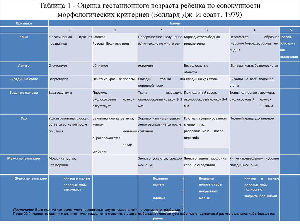 Таблица 1 - Оценка гестационного возраста ребенка по совокупности морфологических критериев (Боллард Дж. И соавт., 1979)