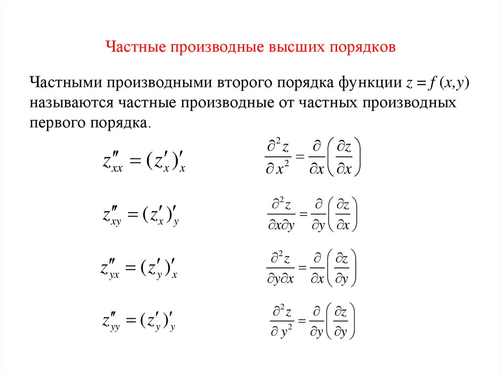 Производная функции z. Частные производные высших порядков. Частная производная второго порядка. Частная производная второго порядка функции. Частные производные второго порядка функции.