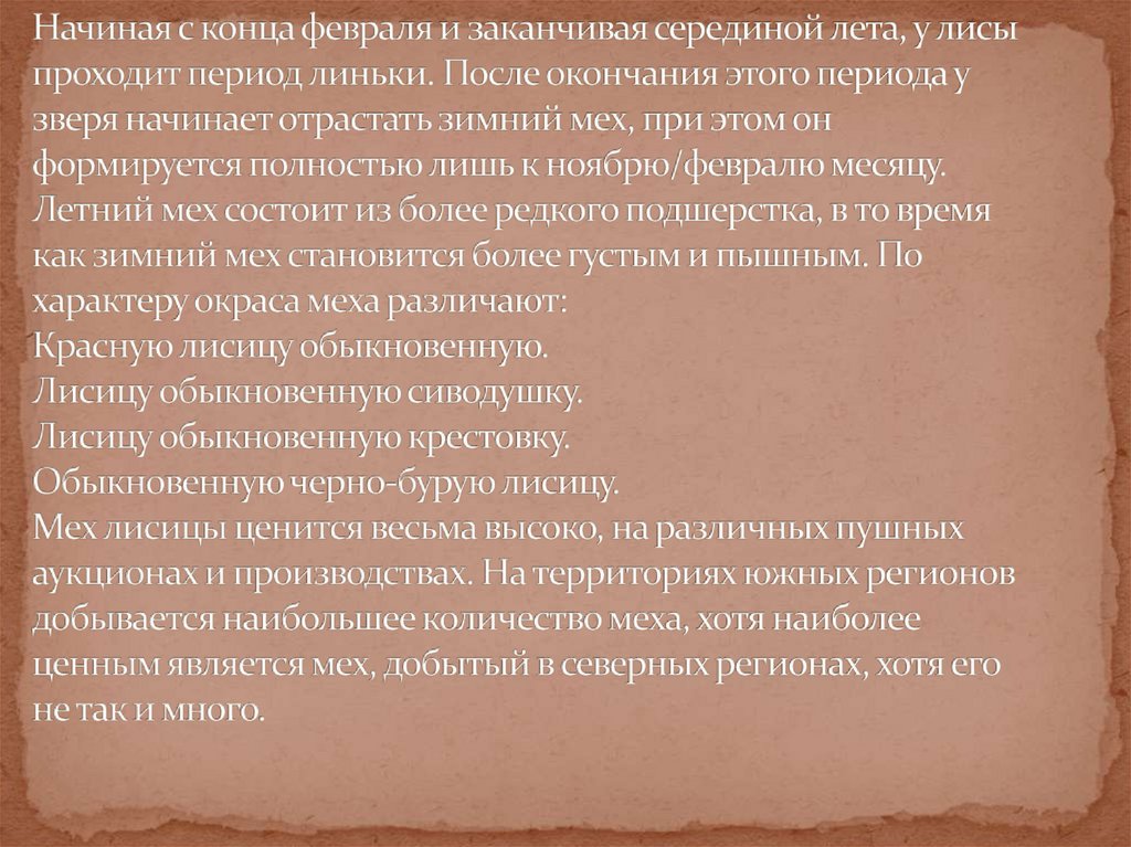 Начиная с конца февраля и заканчивая серединой лета, у лисы проходит период линьки. После окончания этого периода у зверя