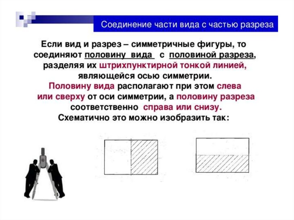 Основная половина. Симметричные фигуры вид разрез. Соединение вида и разреза симметричные фигуры. Если вид и разрез являются симметричными фигурами. Симметричные фигуры половина вида половина разреза.