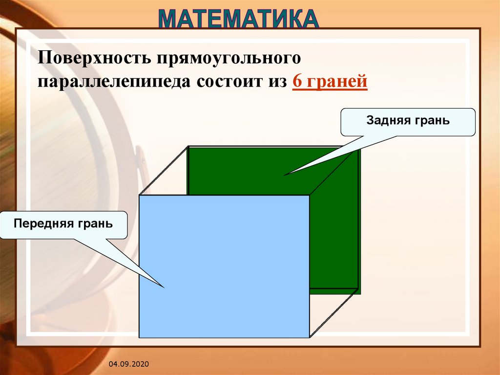 Параллелепипед грани стороны. Поверхность прямоугольника. Передняя грань параллелепипеда. Задняя грань параллелепипеда. Параллелепипед 6 граней.