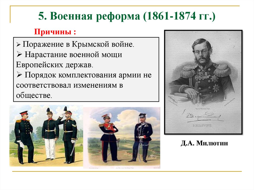 Что изменила военная реформа. Причины реформы Милютина 1874. Военная реформа Дмитрия Милютина 1862 - 1874.