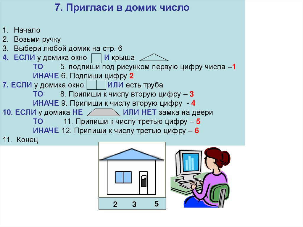 Построчная запись алгоритма. Пригласи в домик число. Пригласи в домик число Информатика 4 класс. Выполни задание по алгоритму пригласи в домик число. Алгоритм домик Информатика.