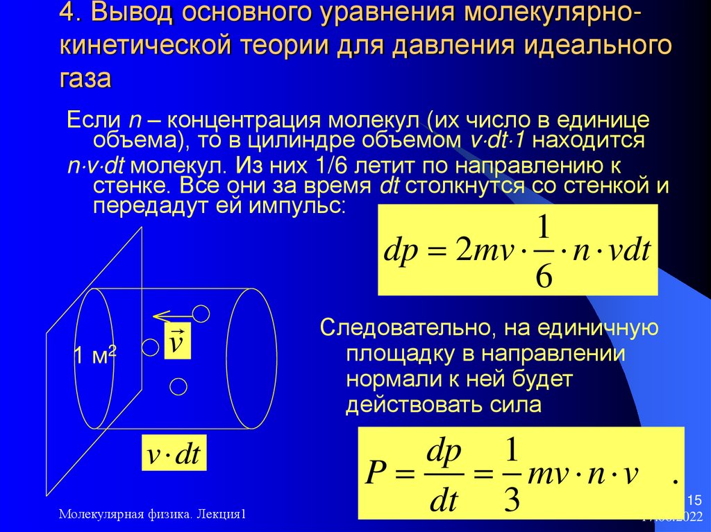4. Вывод основного уравнения молекулярно-кинетической теории для давления идеального газа