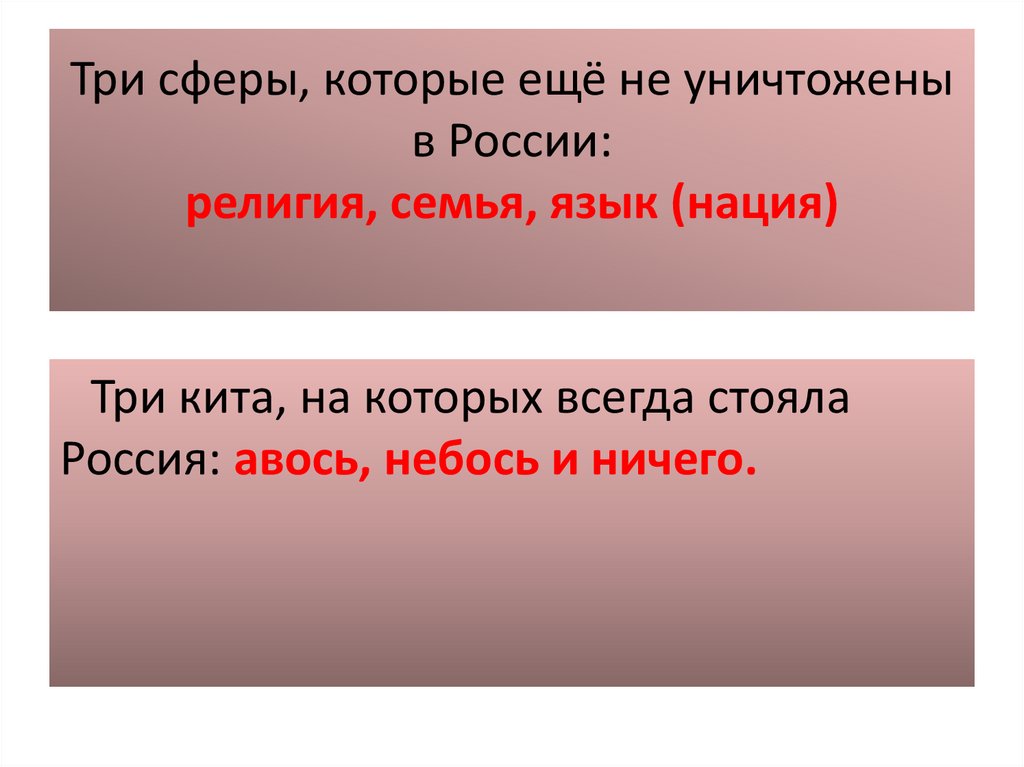 Три сферы, которые ещё не уничтожены в России: религия, семья, язык (нация)